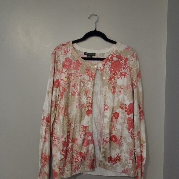 Eddie Bauer Tops - Eddie Bauer Women's Tan/Pink Floral Preppy Spring Cardigan Size XL